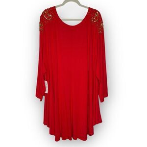Roaman's Boatneck Ultra Drape Swing Tunic Red Beaded Women Plus Size 5X NWT Flaw
